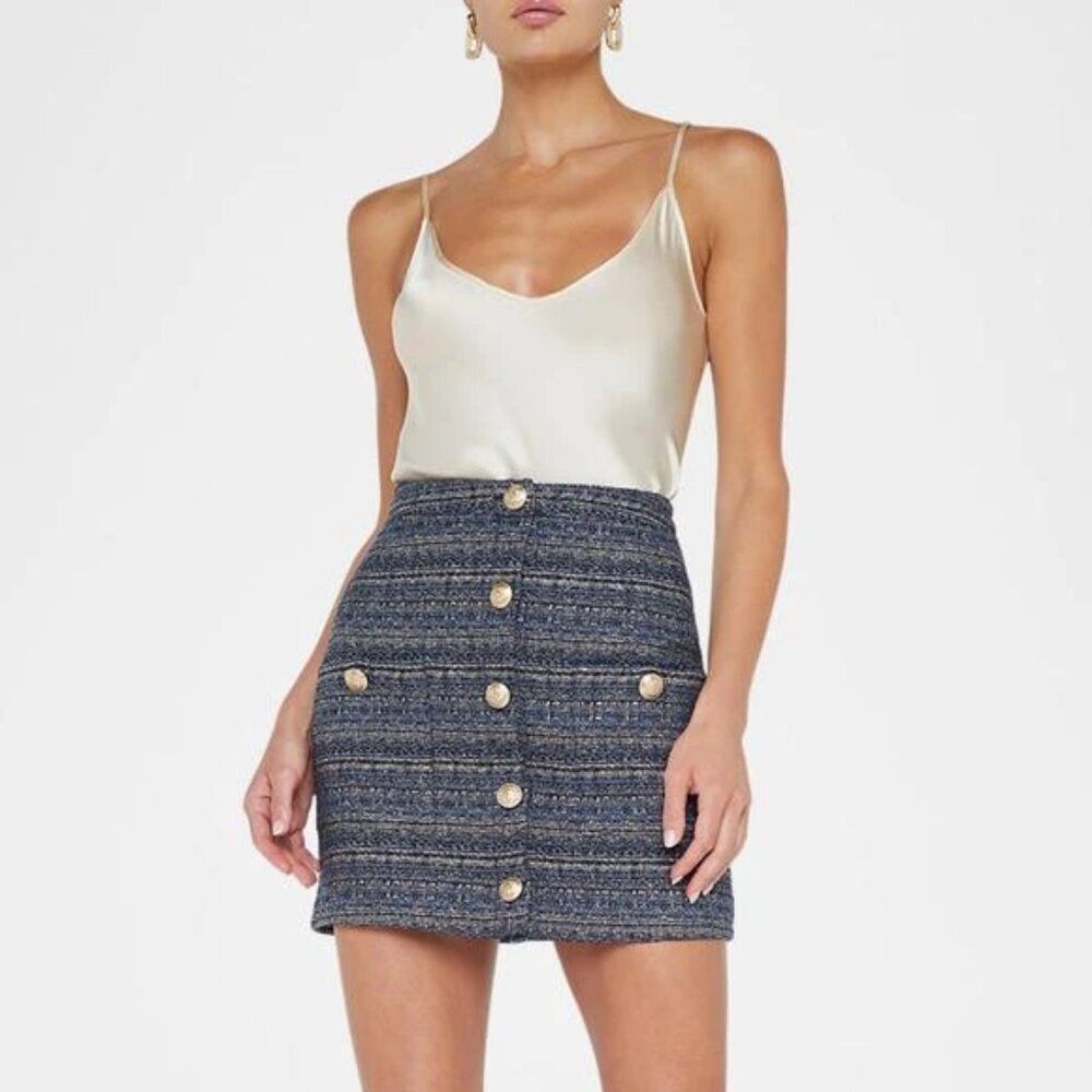 L'AGENCE 'Zander' Textured Tweed Mini-Skirt, Blue/Black/Metallic Gold
